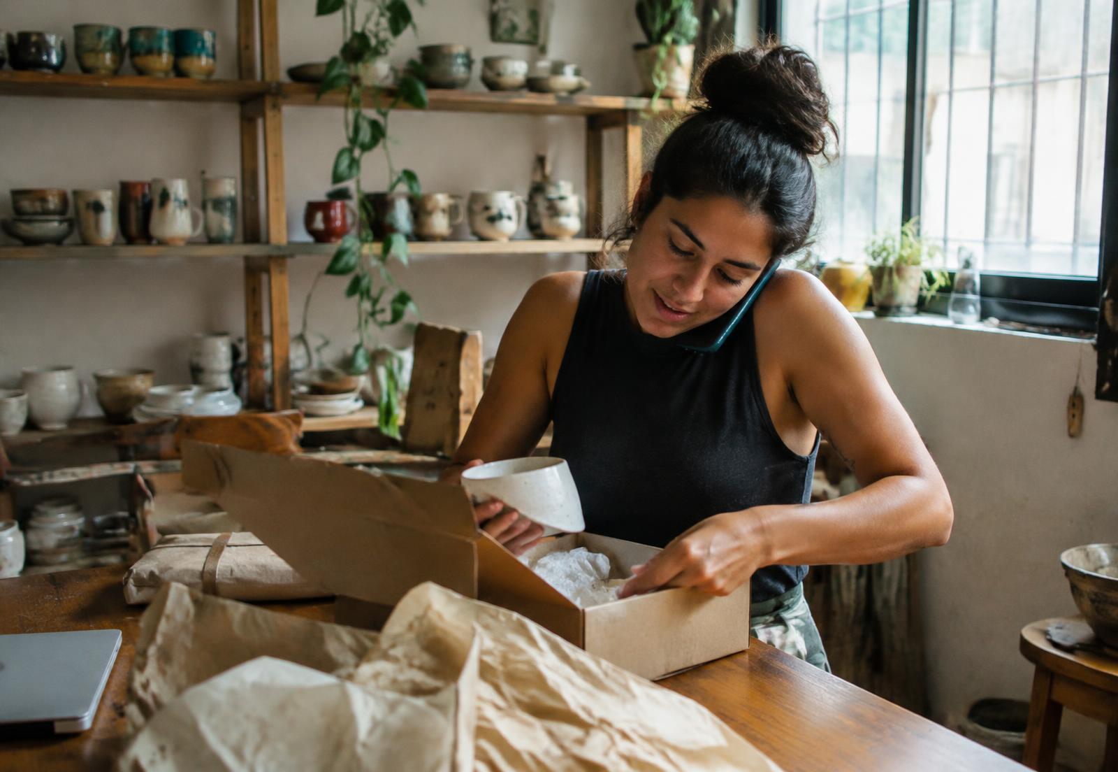 Empreendedora embalando um pedido em seu ateliê de cerâmica