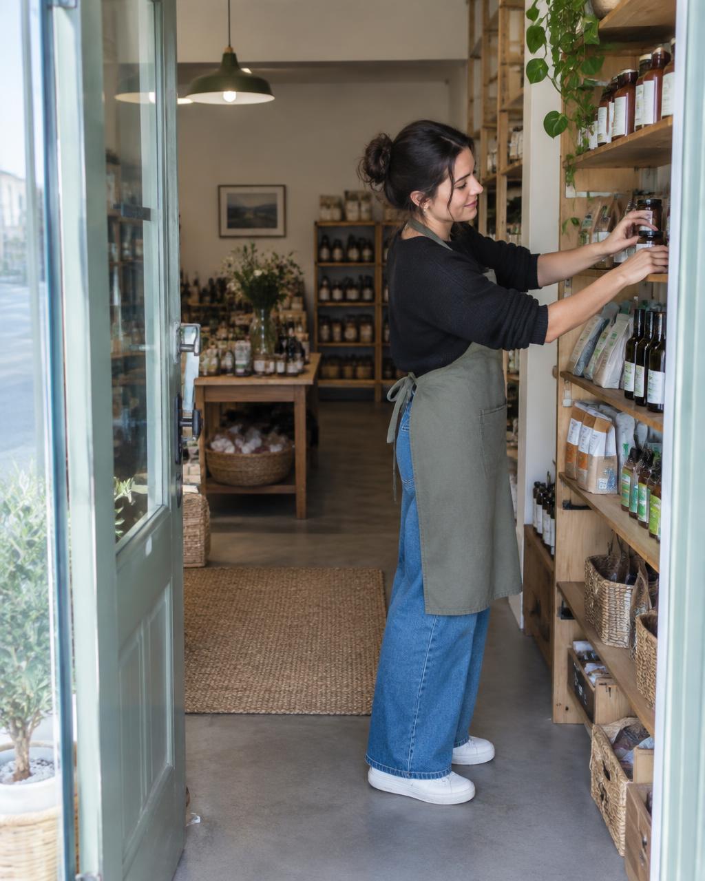 Empreendedora organizando produtos em sua loja